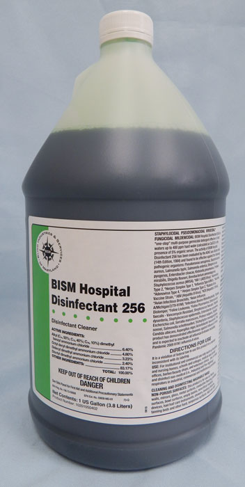 clear jug with dark green liquid inside, white label with bright green stripe - BISM Hospital Disinfectant 256